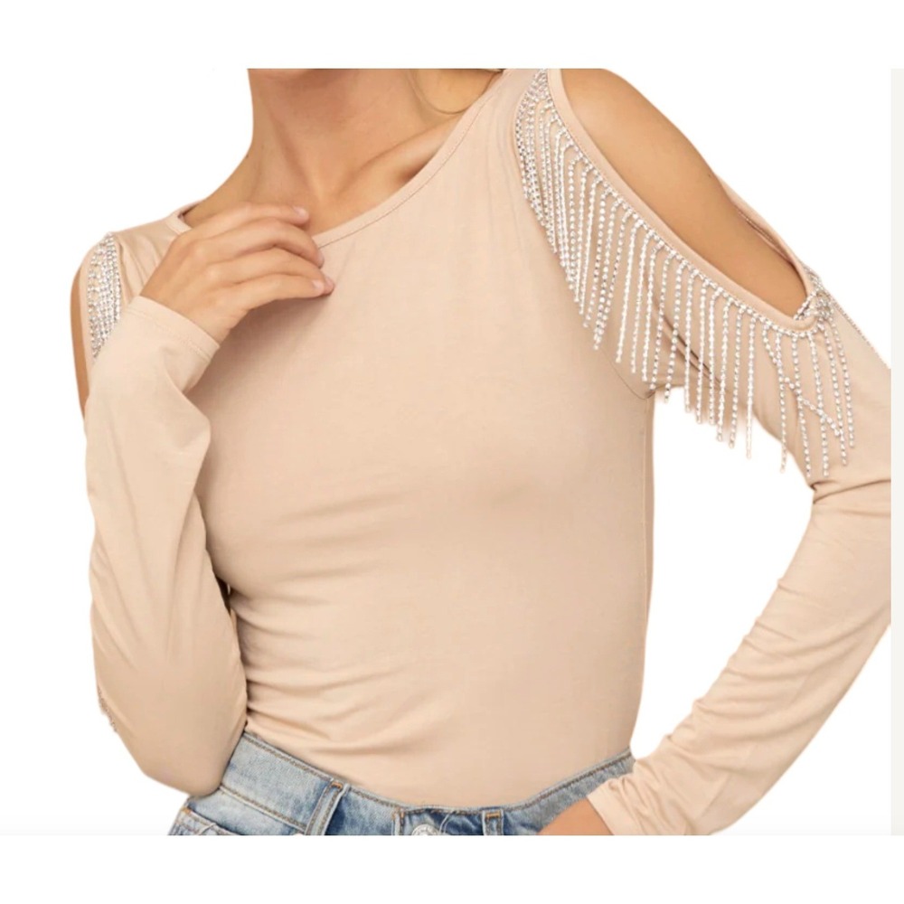 Blue B Collection Rhinestone Fringe Cold Shoulder Bodysuit Tan Large Western